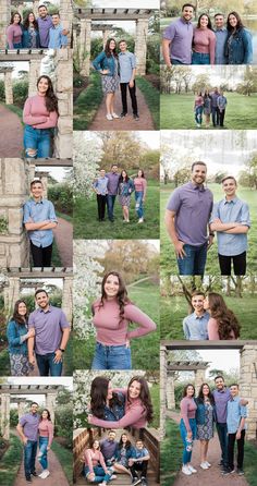 Family of four poses for family photos in spring at Loose Park in Kansas City. Maternity Family Photos Color Scheme, Blue And Purple Family Photos, Large Family Photo Shoot Ideas Spring, Family Picture Park Ideas, Family Photo Park Ideas, Family Photoshoot In Park