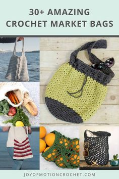 crochet market bags with text overlay that reads 30 amazing crochet market bags