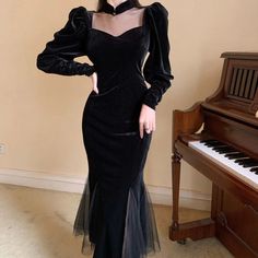 Black Dress Long Elegant Miggon 🛍️, Black Long Dress, Black Mesh Dress, Office Dresses For Women, Vintage Black Dress, Vintage Gothic, Long Black Dress, Womens Black Dress, Evening Party Dress