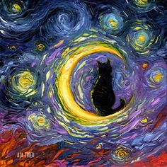 a painting of a cat sitting in the middle of a night sky with stars and swirls