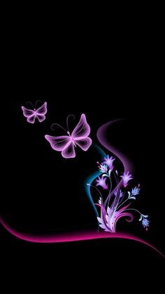 two butterflies flying in the dark with pink and purple swirls on their back ground