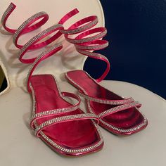 Size 7 Never Worn Bedazzled Sandals For Spring Party, Trendy Rhinestone Sandals For Night Out, Trendy Sandals With Rhinestones For Night Out, Rhinestone Sandals For Night Out In Spring, Rhinestone Sandals For Spring Night Out, Spring Rhinestone Sandals For Night Out, Trendy Rhinestone Sandals For Spring, Chic Bling Sandals For Summer, Chic Summer Sandals With Bling