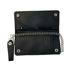 Heavy Duty Black Leather Trucker Wallet with Snaps, Zippers, Credit Card Holders and Chain Black Bifold Wallet On Chain With Card Slots, Classic Black Trifold Wallet With Zipper, Black Wallet On Chain With Card Slots, Black Leather Wallet On Chain With Removable Pouch, Classic Black Trifold Wallet With Zipper Closure, Black Leather Trifold Wallet With Zipper, Black Trifold Wallet With Snap Closure, Black Biker Wallets For Everyday Use, Black Rectangular Trifold Wallet With Snap Closure