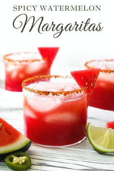 watermelon margaritas with lime slices on the rim and garnishes