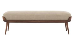 an upholstered bench with wooden legs and a beige fabric seat pad on top