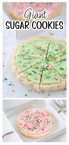 two pictures with the words giant sugar cookies on them