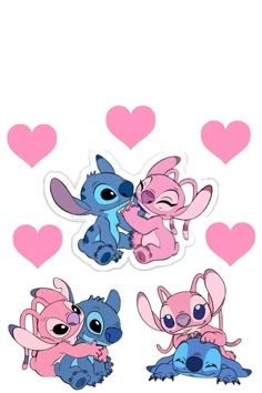 three cartoon characters with hearts in the background, one is pink and two are blue