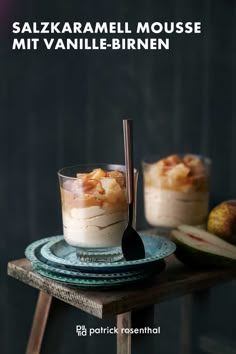 two desserts are sitting on a table with spoons in front of them and the title says salzkrarammel mouse mit vanille - birnen