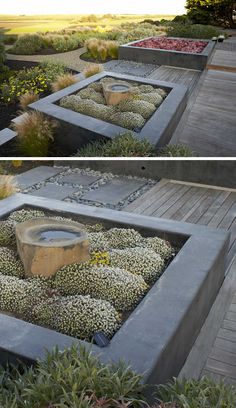 two pictures of an outdoor area with flowers and plants in the center, and on the other side there is a bench that has been made out of concrete