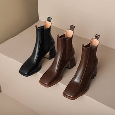 Looking for the perfect pair of slip on boots? Look no further than our women's slip on boots. Made from premium leather. these boots are built to last. They feature a square toe for a classic look. and they're available in black or brown. Whether you're dressing up for a special occasion or just looking to add a little bit of edge to your everyday style. these boots are sure to turn heads. Upper: Leather Lining: Leather/Short Plush Outsole: Rubber Toe: Square Toe Closure: Slip-on Color: Brown. La Style Outfits, Square Boots, Square Toe Leather Boots, Boots Look, Winter Lookbook, Leather Short, Slip On Boots, Elegant Shoes, Only Shoes