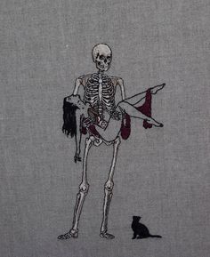 the skeleton is holding a woman's leg with a black cat sitting on it