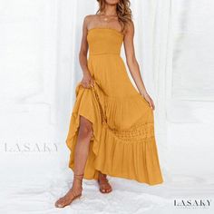 Lasaky - Sleeveless Monochromatic Midi Dress with Lace Accents and a Sexy Strapless Bodice - Perfect for Holiday Occasions Printed Satin Dress, Holiday Maxi Dress, Fresh Dress, Bandeau Dress, Dress With Lace, Lace Panelled, Types Of Skirts, Collar Dress, Satin Dresses