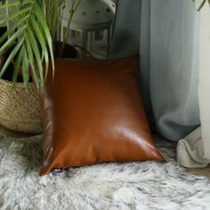 a brown pillow sitting on top of a white rug next to a potted plant