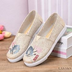 Lasaky - Breathable Embroidered Casual Flat Shoes for Women Casual Embroidered Slip-on Sneakers, Beige Flat Canvas Shoes For Spring, Casual Embroidered Closed Toe Sneakers, Embroidered Slip-on Sneakers For Summer, Summer Embroidered Slip-on Sneakers, Embroidered Closed Toe Sneakers For Spring, Embroidered Sneakers For Spring, Casual Slip-on Flats With Floral Embroidery, Embroidered Casual Flats For Spring