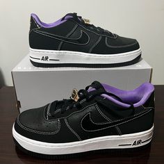 Nike Air Force 1 Lv8 Black Purple Gs 5.5y/ Women’s 7 Dq0300-001 Belt Lace Nike Air Force 1 Purple Lace-up For Sports, Nike Purple Skate Shoes For Sports, Nike Purple Skate Shoes For Streetwear, Nike Air Force 1 Purple For Streetwear, Purple Low-top Nike Air Force 1 For Sports, Purple Nike Air Force 1 Sporty Streetwear, Sporty Purple Nike Air Force 1 For Streetwear, Purple Nike Air Force 1 For Sports, Purple Nike Air Force 1 Lace-up For Sports