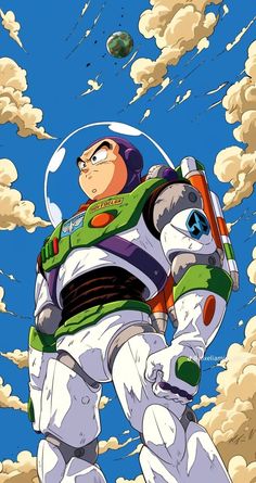 an animated image of a man in a space suit with clouds and planets behind him