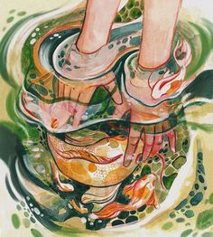 a painting of someone's feet in water with fish