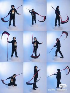 a series of photos showing different poses of a woman holding a flag and wearing black