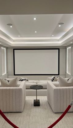 a room with couches, chairs and a projector screen in the middle of it