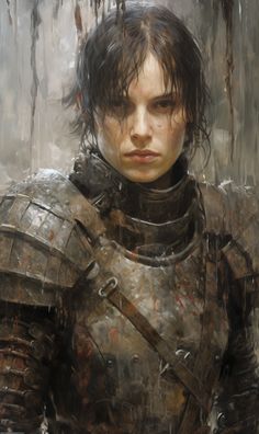 a painting of a woman wearing armor and standing in the rain with her eyes closed