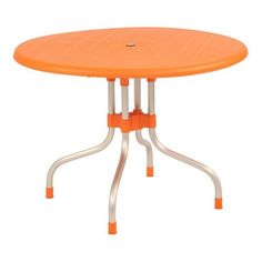 an orange plastic table with metal legs