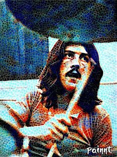 a man with long hair holding a baseball bat in front of a mosaic tile wall