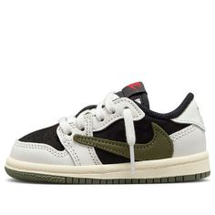 The Air Jordan 1 Retro Low OG SP 'Travis Scott Olive' is a stylish sneaker that features a signature oversized reverse Swoosh logo and olive green accents. The upper is crafted from a combination of white leather and black suede, with hits of red on the tongue label, Jumpman insole logo, and a Travis Scott badge on the heel. The midsole is finished with a subtle canvas/yellow hue and the deep olive green outsole completes the look. Perfect for any activity, this sneaker is inspired by the iconic cactus jack pattern and is sure to turn heads. (AJ1/SNKR/Skate/Men's/Low Top/Non-Slip) Green Jordan Sports Shoes With Laces, Green Jordan Shoes With Laces For Sports, Green Low-top Jordan Shoes, Green Breathable Skate Shoes For Streetwear, Green Breathable Urban Sneakers, Green Athleisure Sneakers For Streetwear, Custom Green Low-top Breathable Sneakers, Green Low-top Nike Air Force 1 Sporty Shoes, Green High-top Breathable Jordan Shoes