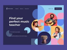 the music teacher landing page is designed to look like it has an image of people playing instruments