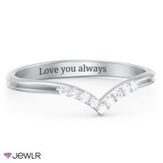 a white gold ring with the words love you always written on it and three diamonds