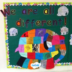 an elephant made out of different colored pieces of paper with the words we are all different written on it