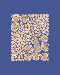 a blue background with white and yellow daisies