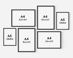 six black and white framed art prints with measurements for each piece in the same frame