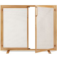 an open wooden screen with two doors