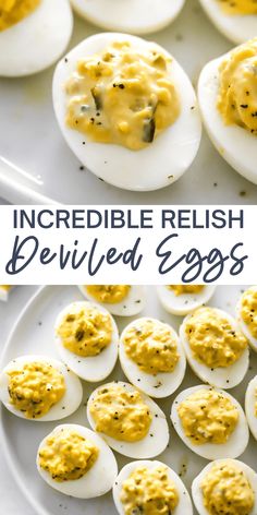 These Deviled Eggs With Relish make a delicious appetizer that everyone will go crazy for. The filling is made with a combination of bright yellow egg yolks, mayo, mustard, and sweet pickle relish for a tasty twist on classic deviled eggs. This recipe is gluten-free, dairy-free, paleo and vegetarian. Deviled Eggs With Pickle Relish, Deviled Eggs Recipe Best With Relish, Deviled Eggs With Sweet Relish, Deviled Eggs Recipe With Relish, Angel Eggs, Deviled Eggs Relish, Deviled Eggs With Relish, Easy Deviled Eggs