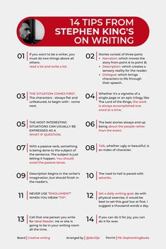 a red and white poster with the words'14 tips from stephen king on writing '