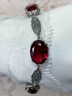 Ruby Red Bracelet, sterling silver filigree, oval gemstones, lobster claw clasp, Edwardian Jewelry Red Ruby Bracelet, Red Bracelet, Ruby Bracelet, Edwardian Style, Red Bracelets, Edwardian Fashion, Matching Rings, Ruby Gemstone, Red Ruby