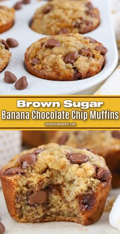 banana chocolate chip muffins on a plate with the title above it and below