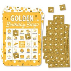 golden birthday bingo game with gold stars and white polka dots on the front, yellow background