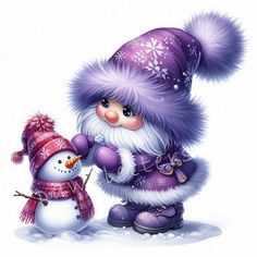 a painting of a snowman and a gnome