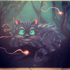 a painting of a cat with glowing green eyes