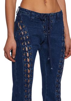 These flare pants have a stretchy denim construction with a front grommet lace-up design, belt loops, back pockets, a frayed hem, and a front self-tie lace-up closure. Eyelet Jeans, Frayed Flare Jeans, Lace Up Pants, Current Mood Clothing, Flared Denim, Denim And Lace, Current Mood, Denim Flares, Pants Jeans