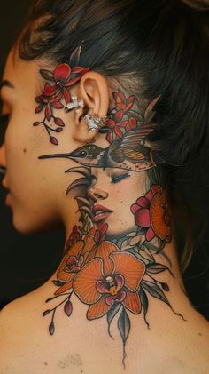 a woman with flowers on her neck and behind her ear is an image of a bird