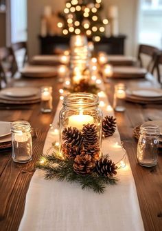 a long table with candles and pine cones on it, surrounded by other place settings