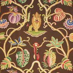 a brown background with colorful flowers and animals on it's sides, in the center is an ornamental design