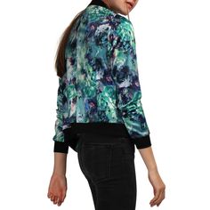 This bomber jacket is designed with floral prints in bright colors and long sleeves. It is detailed with a zip fastening front and ribbed at the cuffs and hem. Wear yours over an all-black outfit to keep it in the spotlight. Made of 100% Polyester. Features zip fastening through front and ribbed trims and cuffs. Machine wash inside out. The body size chart shows fitting size, please check your measurements to make sure the item fits before ordering. Casual Weekend, Lightweight Shorts, All Black Outfit, Woman Standing, Chic Woman, Short Jacket, Body Size, Black Outfit, Stand Collar