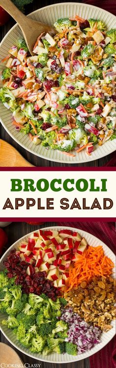 broccoli and apple salad is shown in two separate pans with the same topping