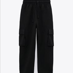 Black Plush Cargo Pants - Size: Available In S. - Color: Black - High-Waisted Pants With Adjustable Drawstring Elastic Waistband. - Side Patch Pockets With Flaps. - Elastic Cuffed Hem. Black Straight Pants Joggers For Fall, Black Straight Joggers For Fall, Black Full Length Joggers For Fall, Zara Cargo Pants With Cargo Pockets For Fall, Black Joggers With Pockets For Work, Zara Cargo Pants With Pockets For Fall, Black Cargo Pants With Elastic Waistband For Work, Black High-waisted Sweatpants For Fall, Zara Casual Black Bottoms