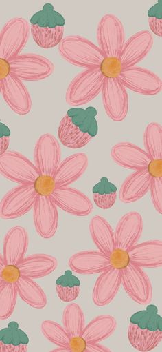 pink flowers and cupcakes are painted on a light gray background with green leaves