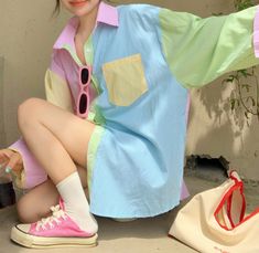 Pastel Business Outfit, Pastel Color Block Outfit, Pastel Rainbow Clothes, Pastel Clowncore Outfit, Kidcore Fashion Pastel, Kawaii Multicolor Tops For Spring, Oversized Multicolor Collared Shirt, Pastel Rainbow Shirt, Pastel Kidcore Outfits