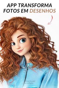 a drawing of a girl with long red hair and big blue eyes, wearing a denim shirt